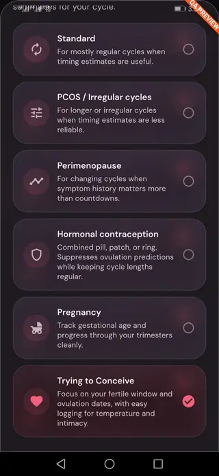 Luna Tracking Modes: Choose from Standard, PCOS, Perimenopause, TTC, Pregnancy, or Contraception mode