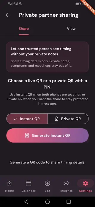 Luna Private Partner Sharing: Share cycle timing via Instant QR or PIN-locked Private QR — no account, no cloud upload