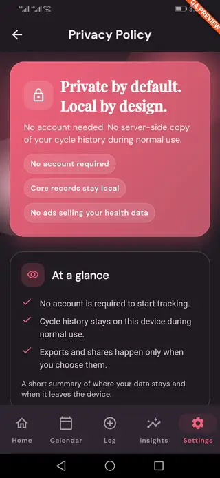 Luna Privacy Policy: Private by default, local by design — no account required, core records stay on device, no ads selling your health data