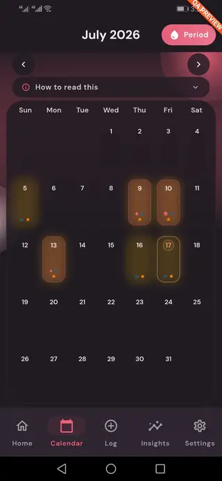 Luna Calendar Month Grid: Clear planning view with ovulation, period predictions, and symptoms indicators
