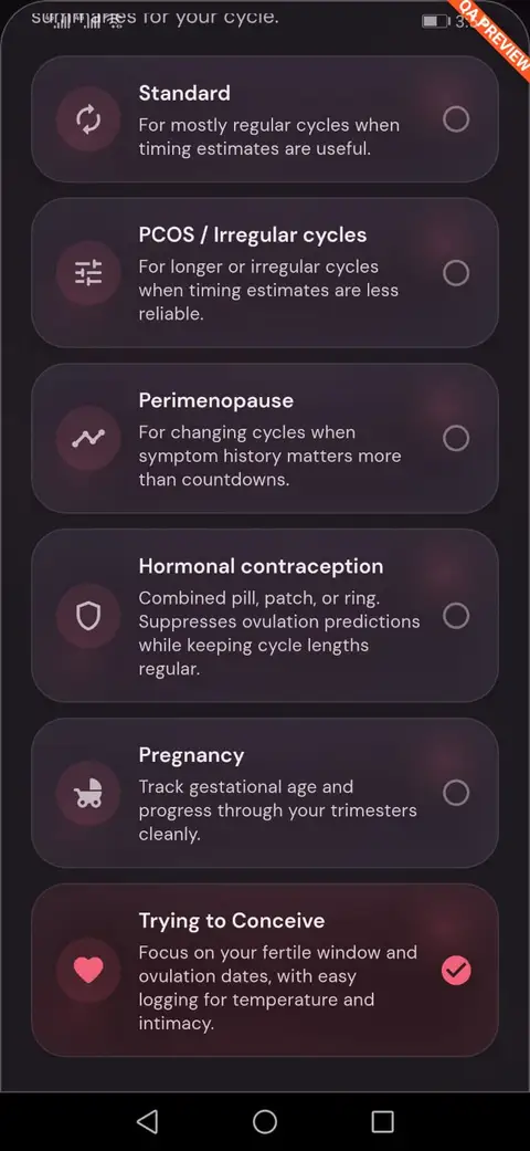 Luna App tracking modes list selector screen
