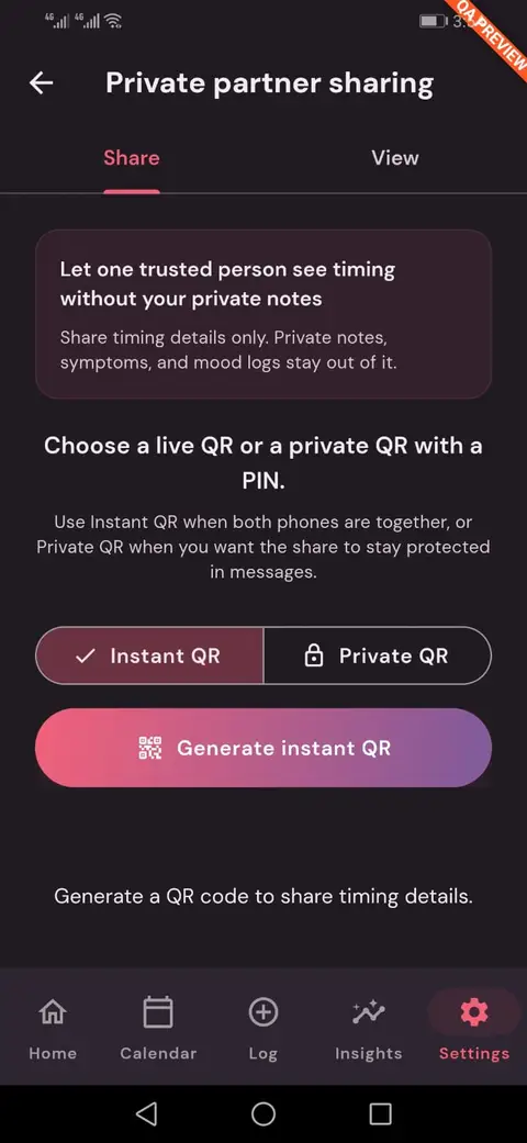 Luna App private partner QR sharing screen